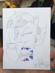 Size: 1536x2048 | Tagged: safe, artist:andypriceart, derpibooru import, twilight sparkle, pony, british, female, food, hoof hold, mare, one eye closed, rolling stones, solo, tea, traditional art, wink
