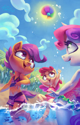 Size: 1181x1838 | Tagged: safe, artist:holivi, derpibooru import, apple bloom, scootaloo, sweetie belle, anthro, fish, plantigrade anthro, armpits, barefoot, beach, belly button, bikini, clothes, cutie mark crusaders, feet, female, midriff, sports, sun, swimsuit, tankini, volleyball, water