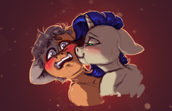 Size: 3120x2006 | Tagged: safe, artist:amishy, derpibooru import, oc, oc only, oc:bloody sword, oc:shinso, pony, unicorn, blushing, digital art, female, high res, kissing, lidded eyes, male, mare, open mouth, shipping, stallion, straight