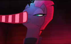 Size: 540x336 | Tagged: safe, edit, edited screencap, screencap, tempest shadow, pony, unicorn, my little pony: the movie, boop, broken horn, clothes, disembodied hoof, eye scar, female, horn, mare, scar, socks, sparking horn, striped socks, this will end in death, this will end in tears, this will end in tears and/or death, unamused, xk-class end-of-the-world scenario