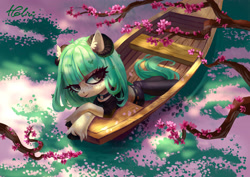 Size: 3507x2480 | Tagged: safe, artist:holivi, oc, oc only, pony, boat, clothes, commission, curved horn, female, flower petals, mare, solo, tree, water