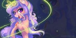 Size: 3464x1732 | Tagged: safe, artist:wilvarin-liadon, oc, oc only, oc:lavender blush, pony, unicorn, commission, female, freckles, glowing horn, lavender blush, magic, mare, open mouth, raised hoof, smiling, solo