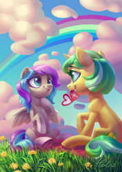 Size: 2893x4092 | Tagged: safe, artist:holivi, derpibooru import, oc, oc only, oc:first edition, oc:silverstar, pegasus, pony, unicorn, cloud, female, lesbian, mare, oc x oc, rainbow, shipping