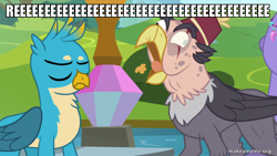 Size: 800x450 | Tagged: safe, derpibooru import, edit, edited screencap, screencap, gallus, grampa gruff, seaspray, griffon, school daze, blind eye, derp, disbelief, duo focus, eye scar, eyes closed, fez, greeempa gruff, handsome, hat, image macro, majestic as fuck, mating call, meme, meme origin, open beak, reeee, scar, screaming, shocked