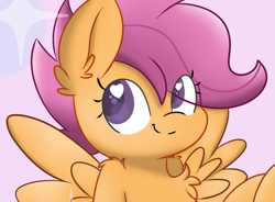 Size: 910x668 | Tagged: safe, artist:meowmavi, derpibooru import, scootaloo, pegasus, pony, abstract background, chest fluff, cute, cutealoo, female, filly, happy, heart eyes, smiling, solo, sparkles, spread wings, wingding eyes, wings