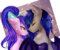 Size: 3000x2500 | Tagged: safe, artist:silvia-zero, derpibooru import, oc, oc only, oc:avici flower, oc:lunar frost, bat pony, unicorn, avifrost, bat pony oc, bow, crying, female, frostinglyladale, male, mare, married couple, sad, stallion, ych result