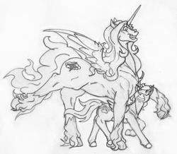 Size: 2186x1905 | Tagged: safe, artist:siegfriednox, derpibooru import, oc, oc:buckets, oc:invidia nox, alicorn, pegasus, pony, alicorn oc, bat wings, prancing, sharp teeth, size difference, teeth, traditional art, unshorn fetlocks