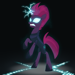 Size: 3000x3000 | Tagged: safe, artist:moonatik, derpibooru import, tempest shadow, unicorn, armor, broken horn, clothes, electrocution, hoof shoes, lightning, shoes, solo