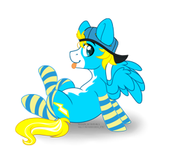 Size: 4584x4091 | Tagged: safe, artist:hellishprogrammer, derpibooru import, oc, oc:yellow flash, pegasus, pony, absurd resolution, backwards ballcap, baseball cap, cap, clothes, hat, male, simple background, socks, solo, stallion, striped socks, tongue out, transparent background