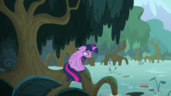 Size: 1280x720 | Tagged: safe, derpibooru import, screencap, twilight sparkle, twilight sparkle (alicorn), alicorn, pony, the mean 6, everfree forest, female, floppy ears, folded wings, frown, looking down, mare, sad, solo, sulking, swamp, tree, wings