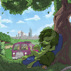 Size: 1400x1399 | Tagged: safe, artist:hc0, derpibooru import, oc, oc only, earth pony, pony, armpits, car, chest fluff, city, drugs, female, leaves, mare, marijuana, smoking, solo, tree, van