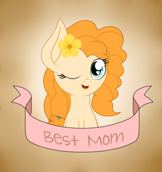 Size: 1936x2048 | Tagged: safe, artist:kimjoman, derpibooru import, pear butter, earth pony, pony, accessories, best pony, bust, cute, female, flower, flower in hair, gradient background, happy, heart eyes, looking at you, one eye closed, solo, text, wingding eyes, wink