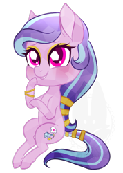 Size: 517x727 | Tagged: safe, artist:koitsune, oc, oc only, oc:succulent scent, crystal pony, pony, bangles, blushing, chibi, eyeshadow, female, makeup, mare, solo