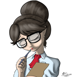 Size: 1000x1071 | Tagged: safe, artist:mitconnors, derpibooru import, raven, writing desk, human, clipboard, glasses, hair bun, humanized, meganekko, office, secretary