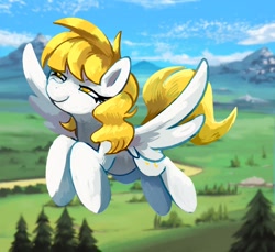 Size: 1280x1175 | Tagged: safe, artist:blitzdrachin, derpibooru import, oc, oc only, oc:golden showers, pegasus, pony, colored, evil grin, female, flying, grin, mare, mountain, scenery, smiling, solo, wings