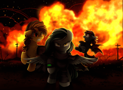 Size: 3509x2550 | Tagged: safe, artist:pridark, derpibooru import, oc, oc only, bat pony, earth pony, pegasus, pony, fallout equestria, bat pony oc, commission, explosion, fire, high res, night, open mouth, pipbuck, raised hoof, saddle bag, stars, wasteland