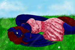 Size: 1200x800 | Tagged: safe, artist:keitunore, derpibooru import, oc, oc only, oc:night coder, anthro, pegasus, blushing, bra strap, breasts, clothes, dress, female, grass, lying down, mare, one eye closed, smiling, solo, strap slip, sun ray, sundress, wings, ych result