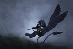 Size: 2434x1634 | Tagged: safe, artist:thelittlesnake, derpibooru import, oc, griffon, assault rifle, gun, rain, rifle, solo, weapon