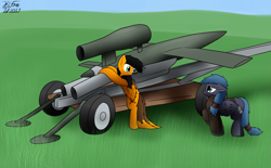 Size: 3131x1941 | Tagged: safe, artist:the-furry-railfan, oc, oc only, oc:night strike, oc:twintails, pegasus, pony, cart, clothes, cruise missile, fieseler fi 103, grass field, invention, jacket, missile, pulsejet, this will end in balloons, v-1, worried