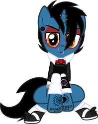 Size: 1024x1300 | Tagged: safe, artist:lightningbolt, derpibooru exclusive, pony, unicorn, .svg available, armband, belt, clothes, ear piercing, emo, eyeshadow, frank iero, frown, gauges, hair over one eye, horn piercing, lip piercing, looking at you, makeup, male, my chemical romance, necktie, nose piercing, piercing, ponified, rolled up sleeves, shirt, shoes, simple background, sitting, socks, solo, stallion, svg, tattoo, three cheers for sweet revenge, transparent background, undershirt, vector, vest