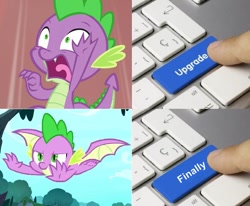 Size: 817x674 | Tagged: safe, derpibooru import, edit, edited screencap, screencap, spike, human, molt down, exploitable meme, finger, keyboard, meme, needs more jpeg, upgrade, upgrade meme, winged spike