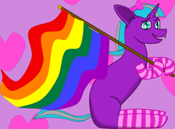 Size: 5038x3710 | Tagged: safe, alternate version, artist:starry mind, derpibooru exclusive, derpibooru import, oc, oc only, oc:starry mind, bat pony, hybrid, unicorn, bat pony oc, bat pony unicorn, bow, clothes, crossdressing, cute, cute little fangs, description is relevant, ear fluff, fangs, gay pride flag, hair bow, heart, hoof hold, male, medibang paint, pink background, pink socks, pride, pride flag, pride month, shading practice, simple background, socks, stallion, striped socks