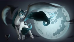 Size: 4800x2700 | Tagged: safe, artist:forgotten-wings, derpibooru import, oc, oc only, oc:crystal night, unicorn, armor, dark, ethereal wings, female, flying, full moon, mare, mare in the moon, moon, night, solo, wings