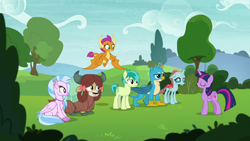 Size: 1280x720 | Tagged: safe, derpibooru import, screencap, gallus, ocellus, sandbar, silverstream, smolder, twilight sparkle, twilight sparkle (alicorn), yona, alicorn, changedling, changeling, classical hippogriff, dragon, earth pony, griffon, hippogriff, pony, yak, non-compete clause, cloven hooves, dragoness, female, male, mare, student six, teenager