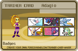 Size: 622x408 | Tagged: safe, artist:botchan-mlp, adagio dazzle, equestria girls, adoragio, cute, hydreigon, kingdra, meloetta, milotic, pixel art, pokémon, primarina, sableye, trainer card