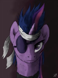 Size: 1000x1333 | Tagged: safe, artist:1jaz, derpibooru import, twilight sparkle, pony, unicorn, alternate hairstyle, bandage, bust, dark, eyepatch, female, future twilight, injured, looking at you, portrait, scratching, serious, serious face, solo