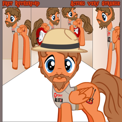 Size: 1400x1400 | Tagged: safe, artist:grapefruitface1, derpibooru import, oc, oc:fret rutherford, pony, pony creator, 80s, album cover, beard, facial hair, guitar, hat, mike rutherford, ponified, solo, stretchy