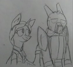Size: 1809x1663 | Tagged: safe, artist:derpanater, derpibooru import, oc, oc only, oc:cloud dancer, oc:daisy ropes, unicorn, fallout equestria, armor, clothes, comforting, enclave, enclave armor, grand pegasus enclave, power armor, sad, traditional art