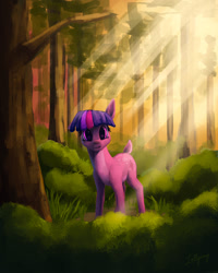 Size: 1200x1500 | Tagged: safe, artist:lollipony, derpibooru import, twilight sparkle, deer pony, original species, atg 2018, bush, crepuscular rays, cute, deerified, female, forest, newbie artist training grounds, quadrupedal, solo, species swap, tree