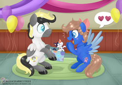 Size: 9246x6420 | Tagged: safe, artist:raspberrystudios, derpibooru import, oc, oc only, oc:midnight luna, alicorn, absurd resolution, alicorn oc, balloon, big smile, birthday, birthday gift, cat steven, crossover, excited, father and child, father and daughter, female, male, parent and child, spread wings, steven universe, streamers