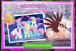 Size: 2048x1386 | Tagged: safe, derpibooru import, princess skystar, queen novo, stratus skyranger, classical hippogriff, griffon, hippogriff, my little pony: the movie, advertisement, background griffon, canterlot, collection, game screencap, gameloft, official, spread wings, unnamed griffon, wings