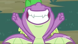 Size: 1024x576 | Tagged: safe, derpibooru import, screencap, spike, dragon, molt down, arms in the air, cropped, discovery family logo, fangs, smiling, solo, teeth, tooth, winged spike