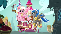 Size: 1024x576 | Tagged: safe, artist:mysticalpha, derpibooru import, oc, oc only, oc:bay breeze, oc:cloud zapper, pegasus, pony, baypper, flying, sugarcube corner