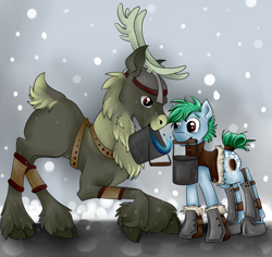 Size: 1402x1324 | Tagged: safe, artist:chromaflow, oc, oc only, earth pony, pony, bucket, caribou, male, mouth hold, stallion, viking caribou, water