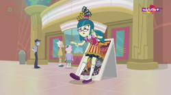 Size: 1136x638 | Tagged: safe, screencap, geri, juniper montage, pearly stitch, equestria girls, mirror magic, spoiler:eqg specials, apron, background human, bus driver, canterlot mall, clothes, glasses, teletoon