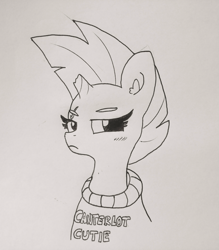 Size: 1259x1440 | Tagged: safe, artist:tjpones, derpibooru import, tempest shadow, pony, unicorn, blushing, broken horn, clothes, eye scar, female, lineart, looking at you, mare, monochrome, scar, solo, sweater, traditional art