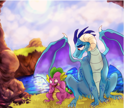 Size: 800x695 | Tagged: safe, artist:hellnosorrynotsorry, princess ember, spike, dragon, duo, eating, female, grass, lidded eyes, male, sitting, smiling, water