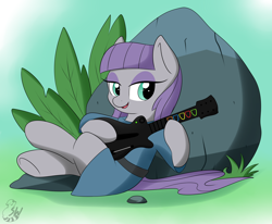 Size: 4000x3297 | Tagged: safe, artist:sugarwings-art, derpibooru import, maud pie, earth pony, pony, female, guitar, guitar hero, happy, mare, rhythm game, rock, sitting, smiling, solo, that pony sure does love rocks