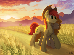Size: 2397x1795 | Tagged: safe, artist:draconidsmxz, derpibooru import, bright mac, pear butter, earth pony, pony, brightbutter, female, field, food, male, mare, mountain, mountain range, scenery, shipping, stallion, straight, wheat