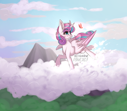 Size: 1280x1120 | Tagged: safe, artist:pinkxei, princess flurry heart, alicorn, butterfly, pony, cloud, colored wings, female, mare, mountain, multicolored wings, older, sky, smiling, solo