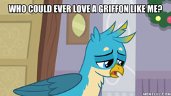 Size: 600x337 | Tagged: safe, derpibooru import, edit, edited screencap, screencap, gallus, griffon, the hearth's warming club, bronybait, image macro, meme, sad