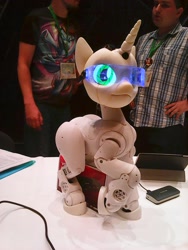 Size: 1200x1600 | Tagged: artist needed, safe, derpibooru exclusive, derpibooru import, sweetie belle, sweetie bot, human, pony, robot, robot pony, unicorn, sweetie bot project, 2018, 3d printed, blank flank, female, filly, foal, galacon, galacon 2018, hooves, horn, interface, irl, photo, proto3