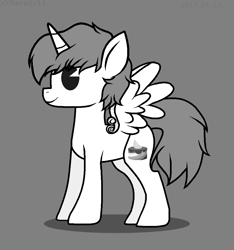 Size: 990x1059 | Tagged: safe, artist:xxnanaxx11, oc, oc only, oc:frost d. tart, alicorn, pony, alicorn oc, black and white cartoon, grayscale, monochrome, old timey, oldschool cartoon, pacman eyes, simple background, solo, style emulation