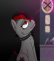 Size: 1300x1454 | Tagged: safe, artist:lazerblues, oc, oc only, oc:bella, pony, ear piercing, offspring, parent:oc:miss eri, piercing, satyr general, solo, title belt