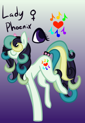 Size: 592x859 | Tagged: safe, artist:eppyminecart, derpibooru import, oc, oc only, oc:lady phoenix, earth pony, pony, bow, female, gradient background, hair over eyes, icey-verse, magical lesbian spawn, mare, next generation, offspring, parent:coloratura, parent:songbird serenade, parents:colorenade, solo