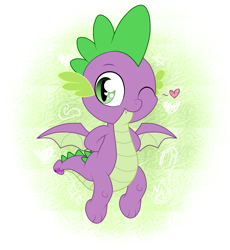 Size: 1411x1536 | Tagged: safe, artist:kimjoman, derpibooru import, spike, dragon, molt down, season 8, cute, heart, heart eyes, looking at you, male, one eye closed, solo, spread wings, wingding eyes, winged spike, wings, wink